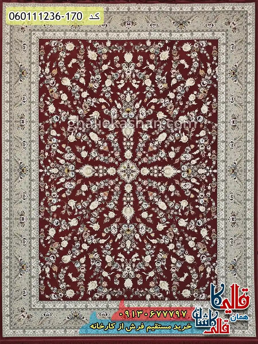 فرش 1200 شانه طرح افشان سینان زمینه قرمز لاکی گل برجسته کاشان — تصویر ۲