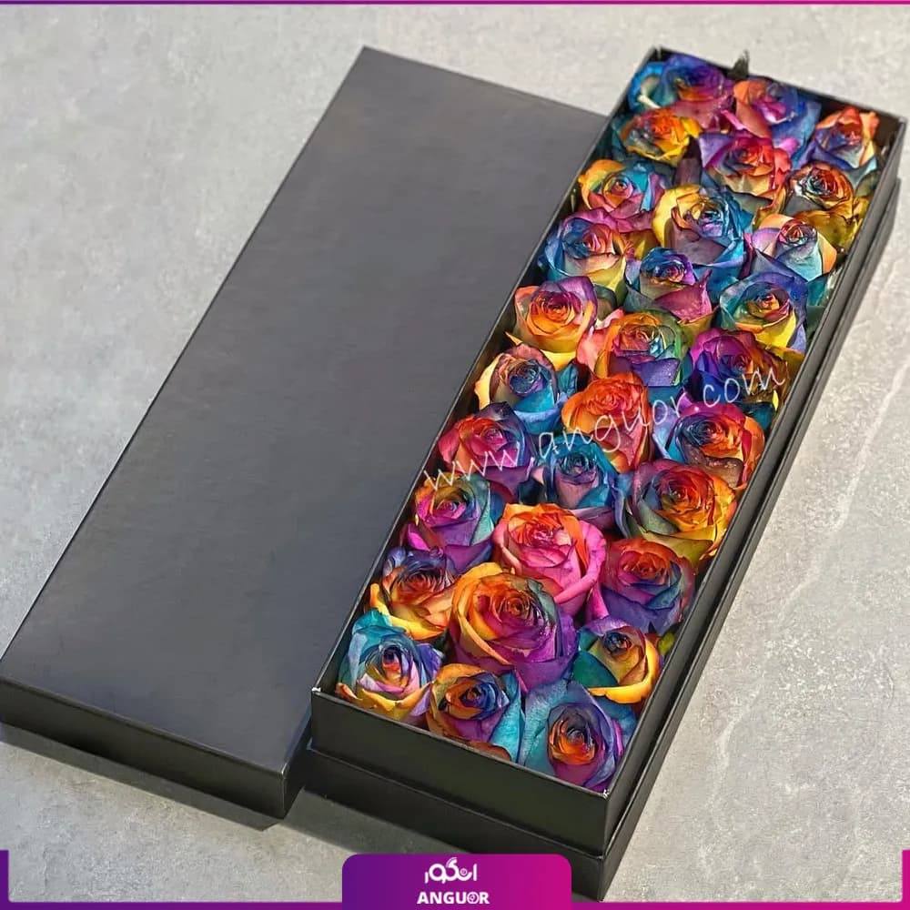 باکس گل رز هفت رنگ 30 شاخه