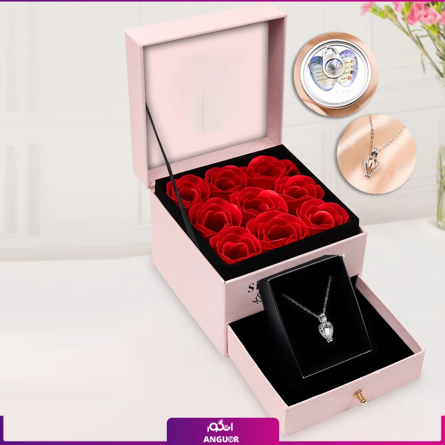 باکس گل سوپرایزی با گردنبند مروارید عشق