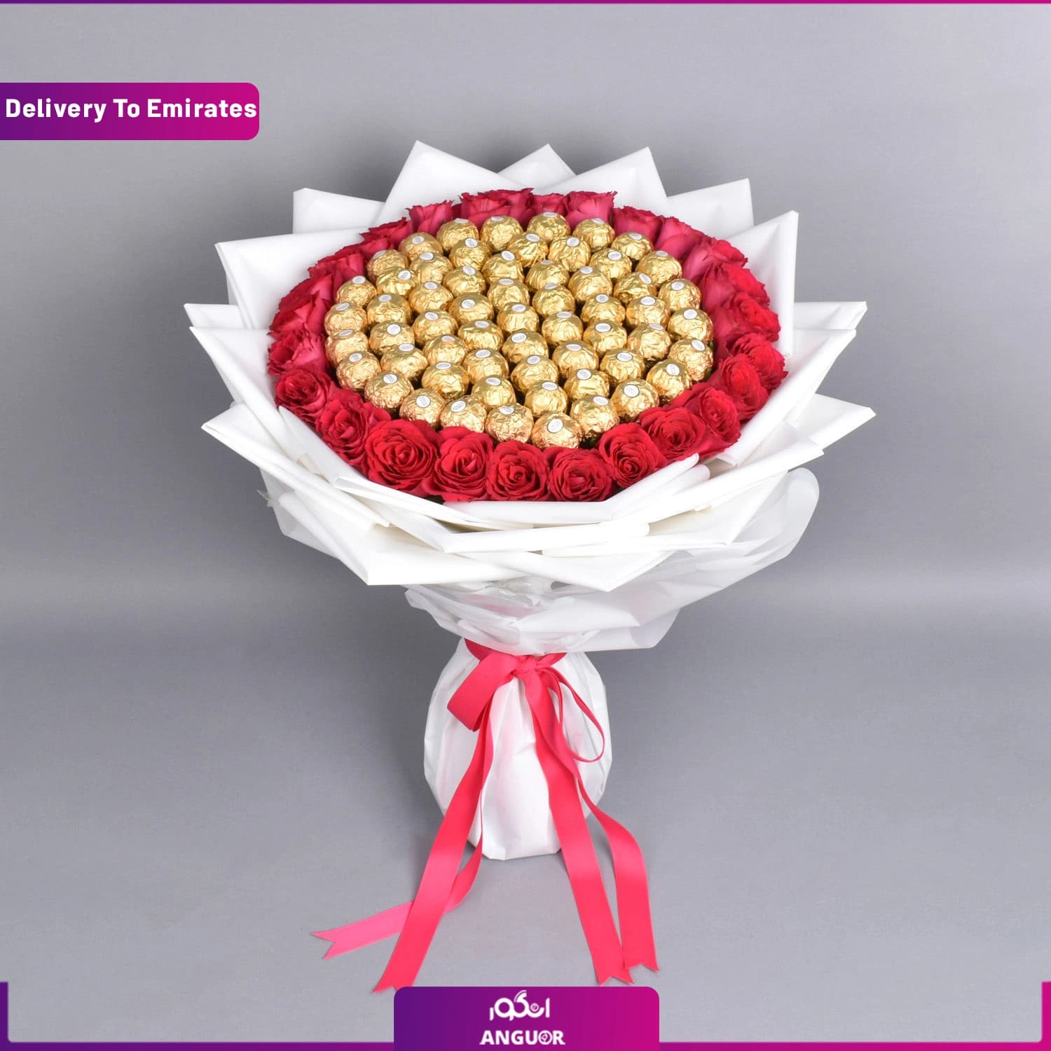 دسته گل رز و شکلات (تحویل در امارات)