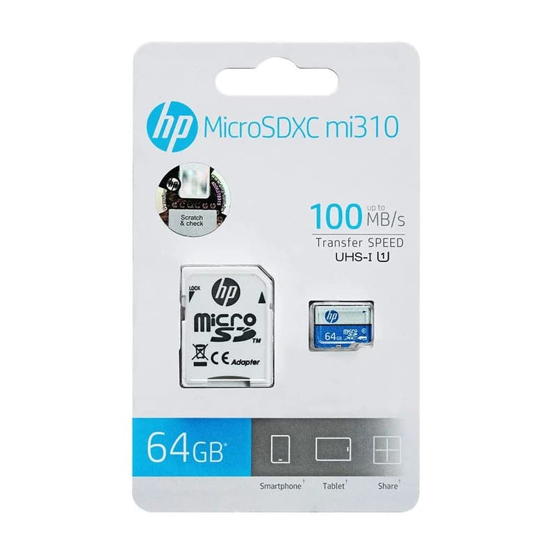 کارت حافظه‌ microSDXC اچ پی مدل MI310 استاندارد UHS-I U1 سرعت 100MBps ظرفیت 64 گیگابایت به همراه آداپتور SD
