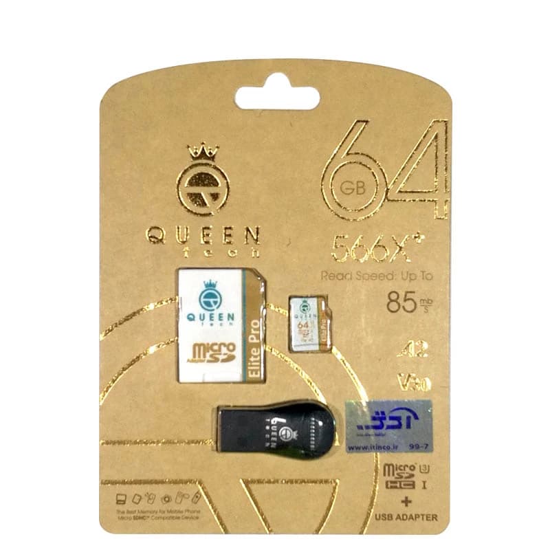 کارت حافظه microSDXC کوئین تک مدل +Elite pro 566X کلاس 10 استاندارد UHS-I U3 سرعت 85MBps ظرفیت 64 گیگابایت به همراه آداپتور SD و کارت خوان — تصویر ۳