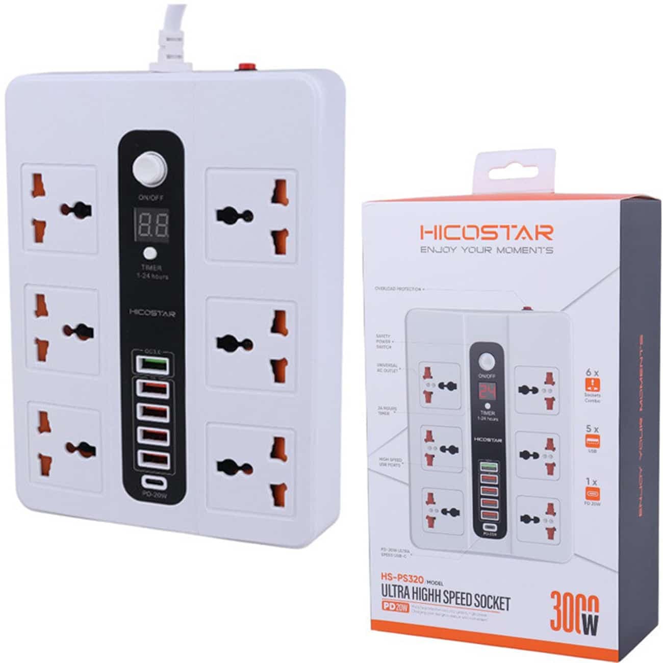 چندراهی برق شش سوکت 3000 وات، یک تایپ سی و پنج USB هایکو استار Hicostar HS-PS320