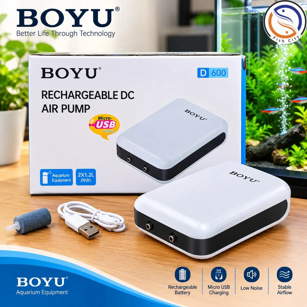 پمپ هوا شارژی دولول اکواریوم برند بویو مدل D-600