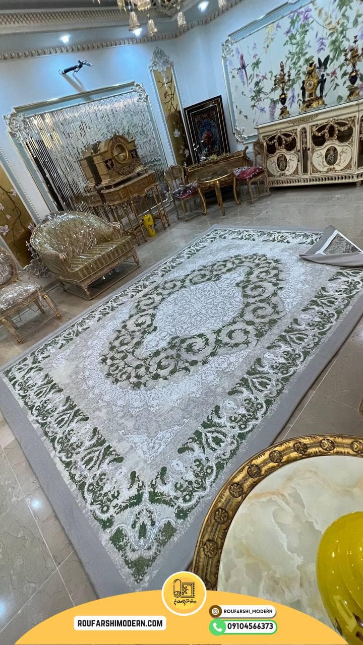 روفرشی کشدار(کاور فرش) و فرشینه | رنگ طوسی کرم و سبز بسیار زیبا RH 2337 — تصویر ۶