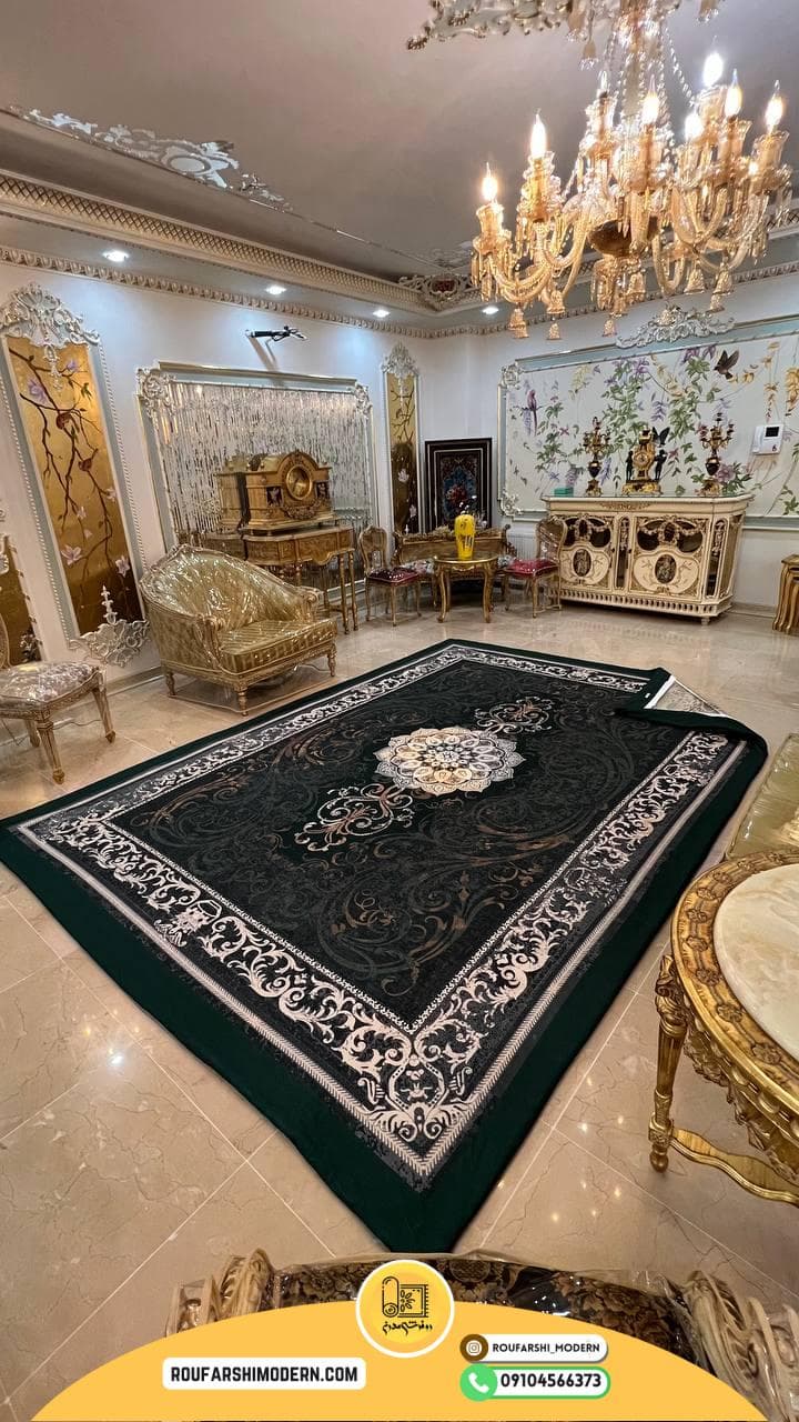 روفرشی کشدار(کاور فرش) و فرشینه زمینه سبز کد RH 2235 — تصویر ۳