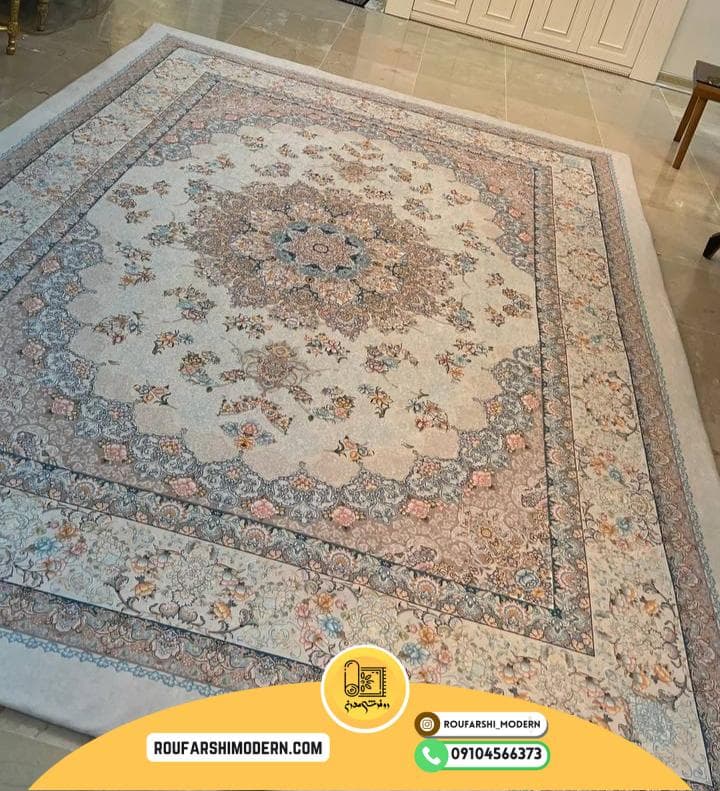فرشینه / کاور فرش و روفرشی کشدار زمینه کرم طرح فرش بسیار زیبا کد ۱۴۳۹ (ویدیو) — تصویر ۲