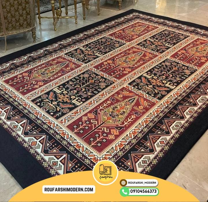 فرشینه / کاور فرش و روفرشی کشدار مدل سنتی زمینه مشکی ترکیب قرمز و کرم کد ۱۱۴۶ (ویدیو) — تصویر ۲