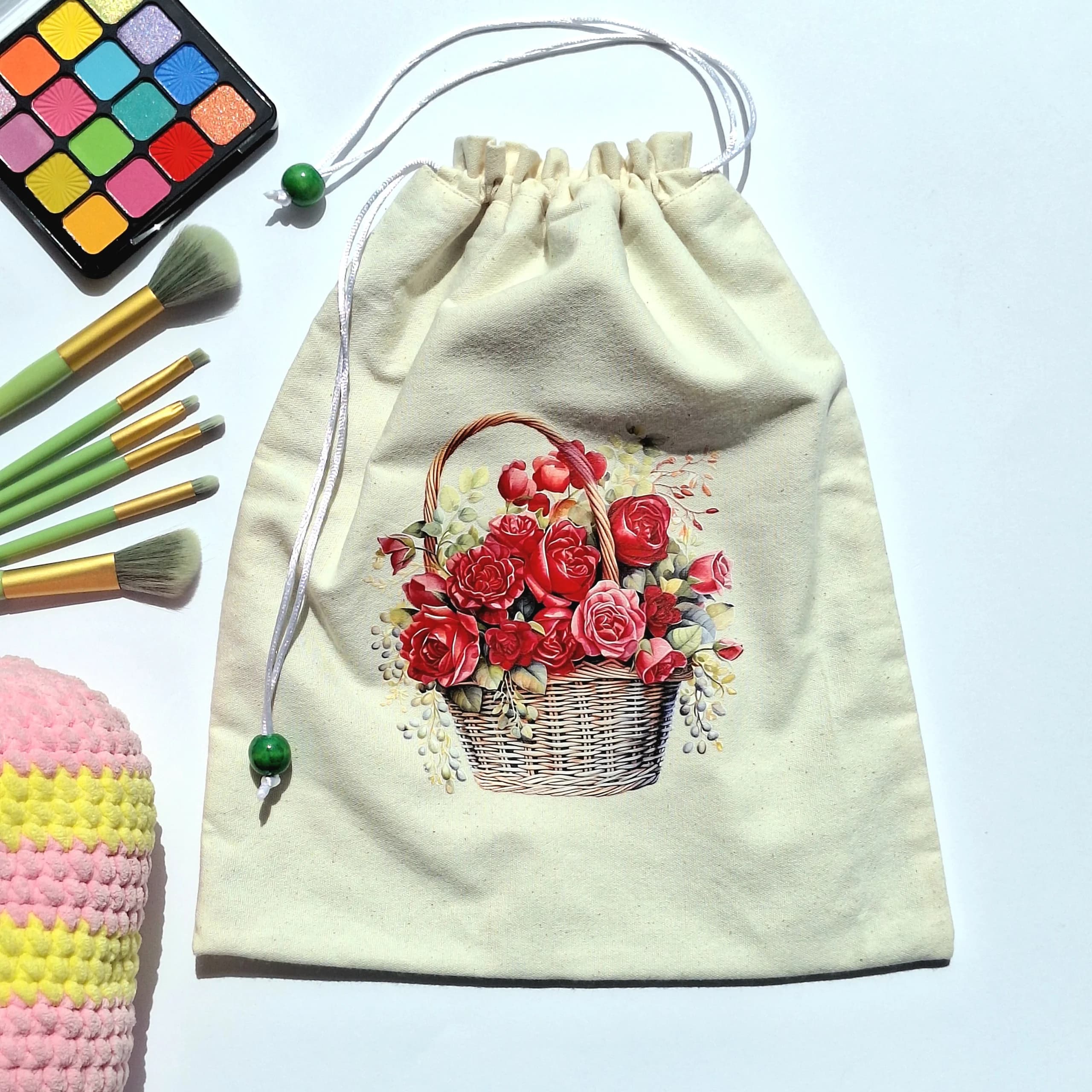 بگ پارچه‌ای جمع شو آستردار طرح سبد گل