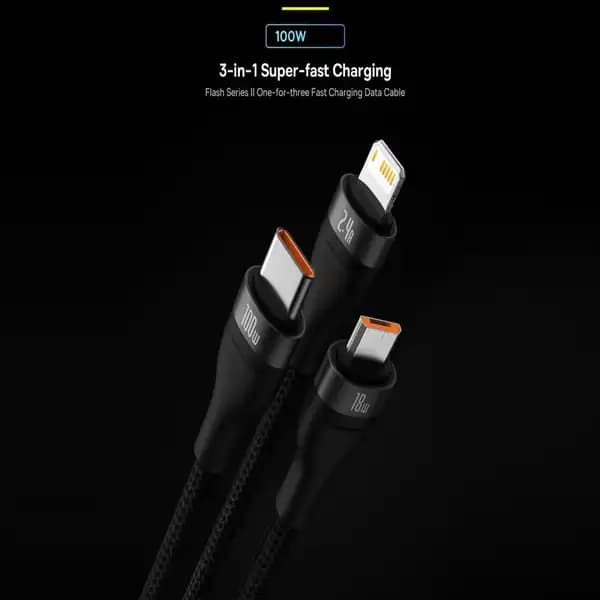کابل سوپر فست شارژ سه سر یو اس 1.2 متر بیسوس مدل Baseus Flash Series Ⅱ Cable USB to M+L+C 100W CASS030001 — تصویر ۳