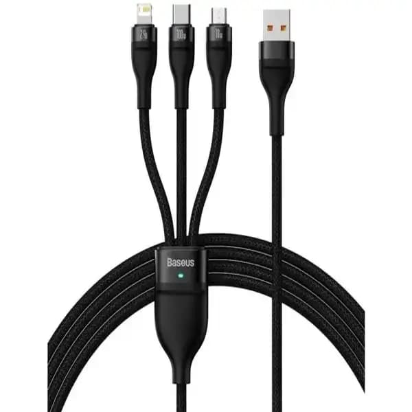 کابل سوپر فست شارژ سه سر یو اس 1.2 متر بیسوس مدل Baseus Flash Series Ⅱ Cable USB to M+L+C 100W CASS030001