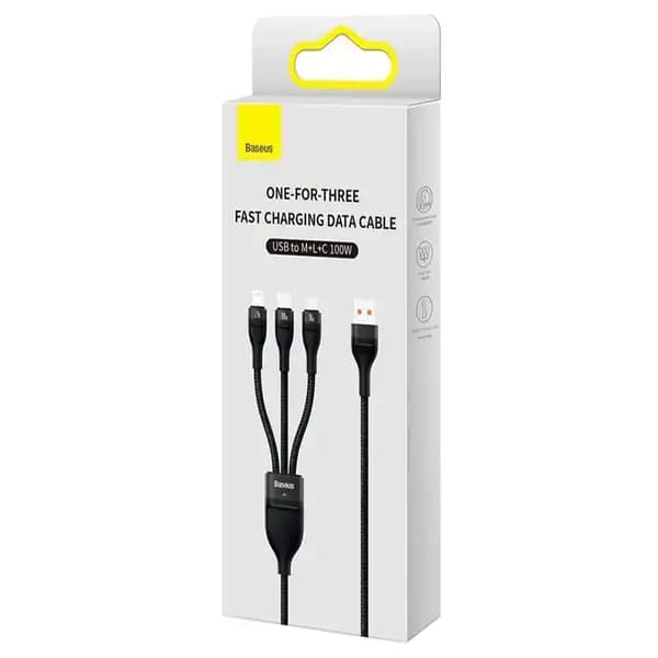 کابل سوپر فست شارژ سه سر یو اس 1.2 متر بیسوس مدل Baseus Flash Series Ⅱ Cable USB to M+L+C 100W CASS030001 — تصویر ۸