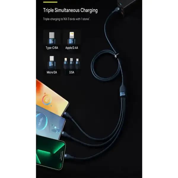 کابل سوپر فست شارژ سه سر یو اس 1.2 متر بیسوس مدل Baseus Flash Series Ⅱ Cable USB to M+L+C 100W CASS030001 — تصویر ۵