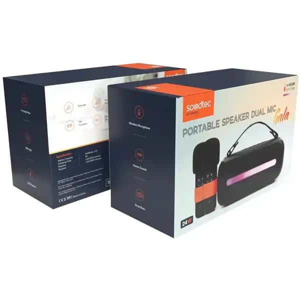 اسپیکر بلوتوثی 14 وات کارائوکه با دومیکروفون بی‌سیم پرودو مدل Porodo Gala Soundtec — تصویر ۵