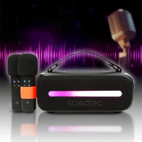اسپیکر بلوتوثی 14 وات کارائوکه با دومیکروفون بی‌سیم پرودو مدل Porodo Gala Soundtec — تصویر ۳