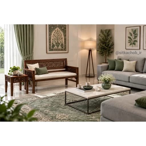 تخت سنتی 2 نفره گره چینی چوب روس، سبک مدرن، به همراه میز کنارمبلی مبلمان فرنا مدل 1143459