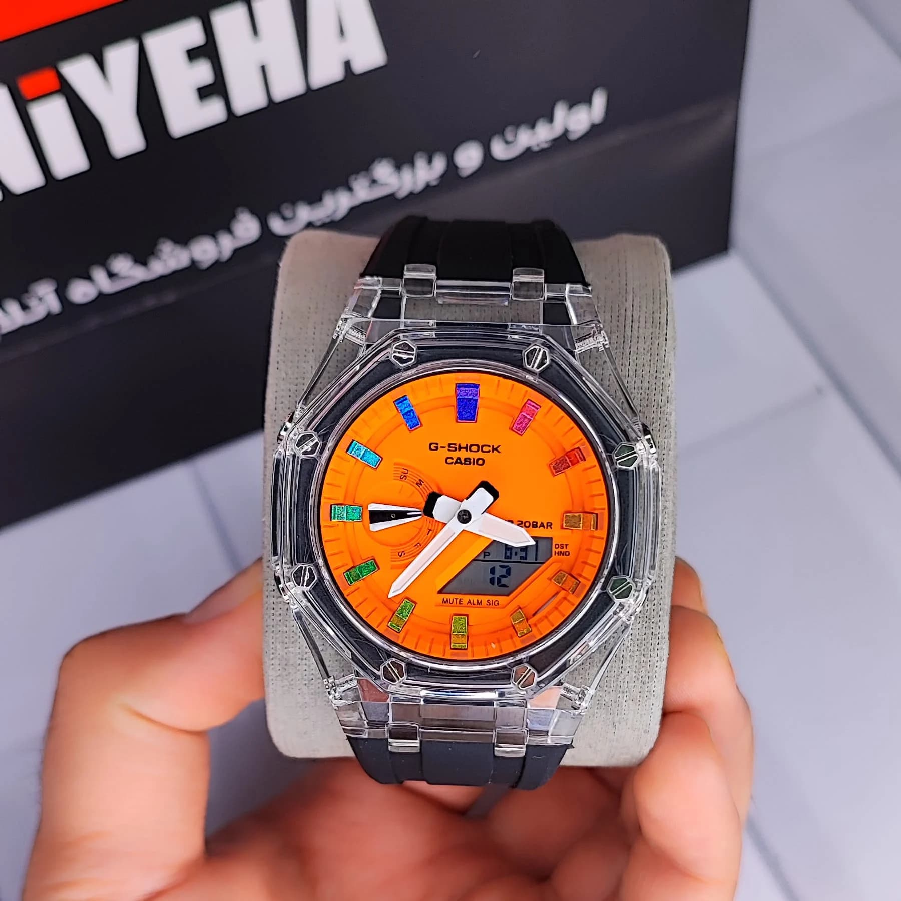 ساعت مچی عقربهای مردانه دو زمانه جی شاک نارنجی مشکی مدل GA-2100 — تصویر ۵
