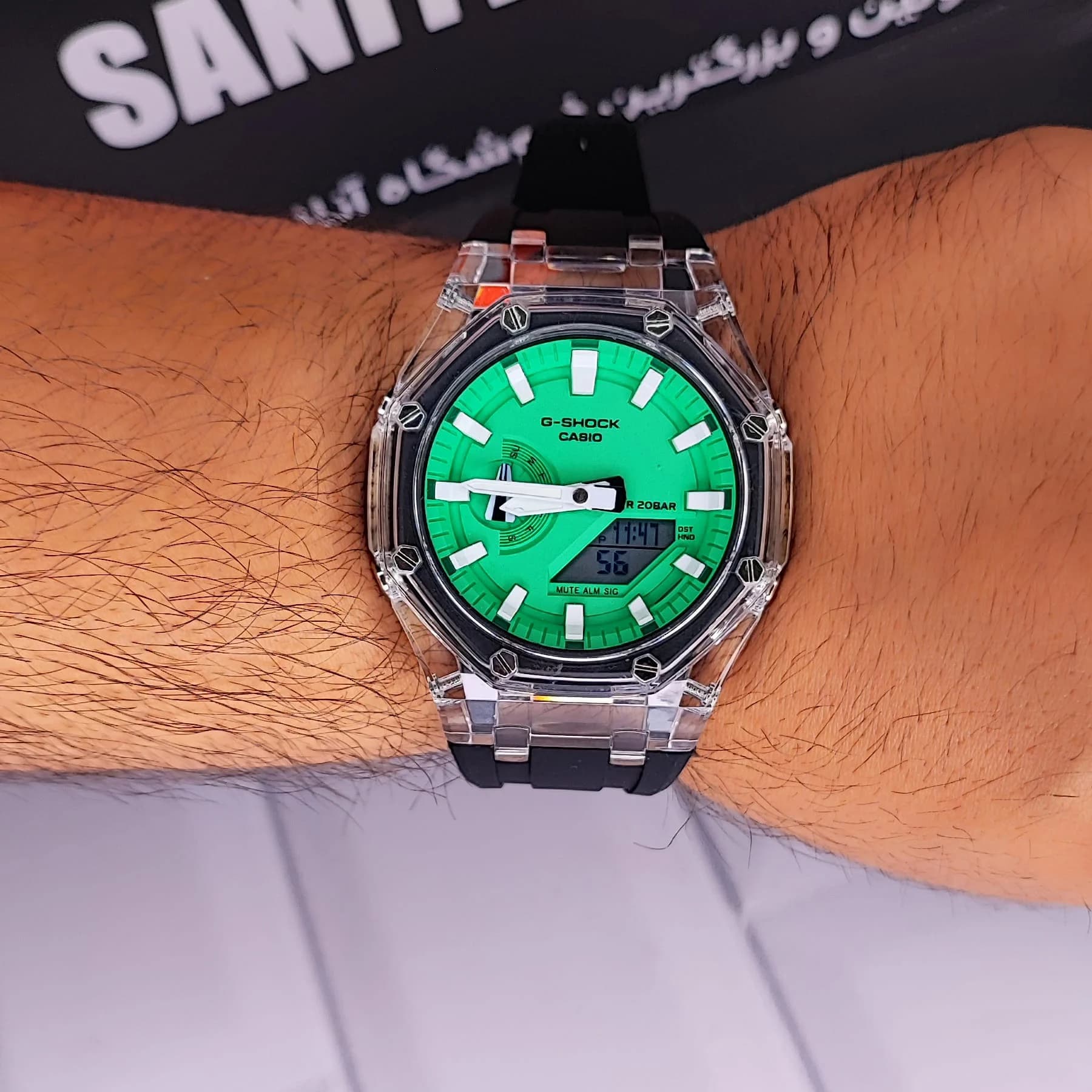 ساعت مچی عقربهای مردانه دو زمانه جی شاک سبز مشکی مدل GA-2100 — تصویر ۶