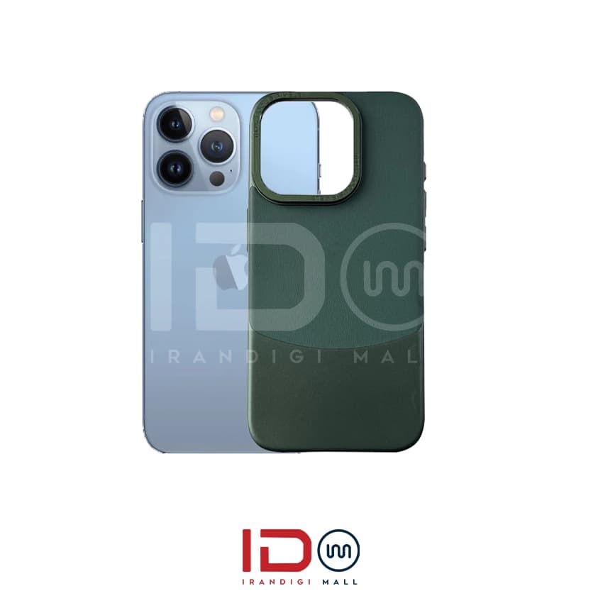 قاب اورجینال چرم و کانواس فلزی گوشی اپل مدل IPHONE 13 PRO MAX برند فوکوس پیکسل رنگ سبز تیره