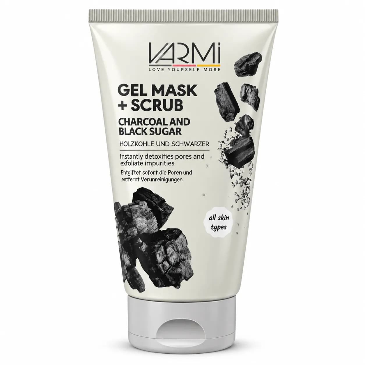 ماسک ژل و اسکراب زغال و شکر سیاه وارمی Varmi Charcoal And Black Sugar Gel Mask + Scrub