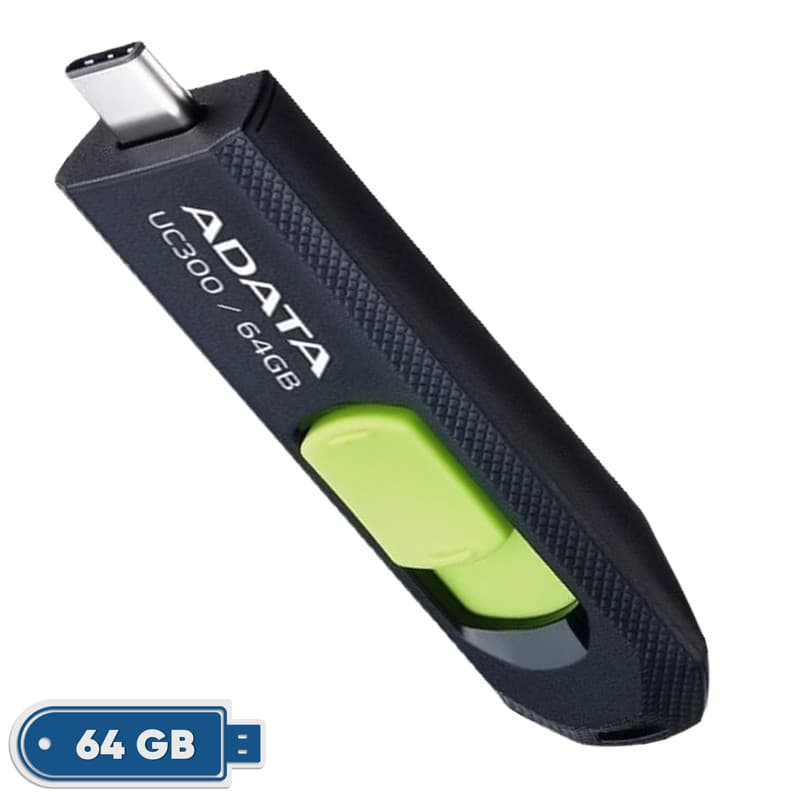فلش مموری کشویی ای دیتا مدل UC300 ظرفیت 64 گیگابایت با رابط USB Type-C و استاندارد USB 3.2 Gen 1، سرعت انتقال داده تا 5 گیگابایت بر ثانیه، سازگار با لپتاپ، گوشی، تبلت و تلویزیون، بدون نیاز به نصب درا — تصویر ۲