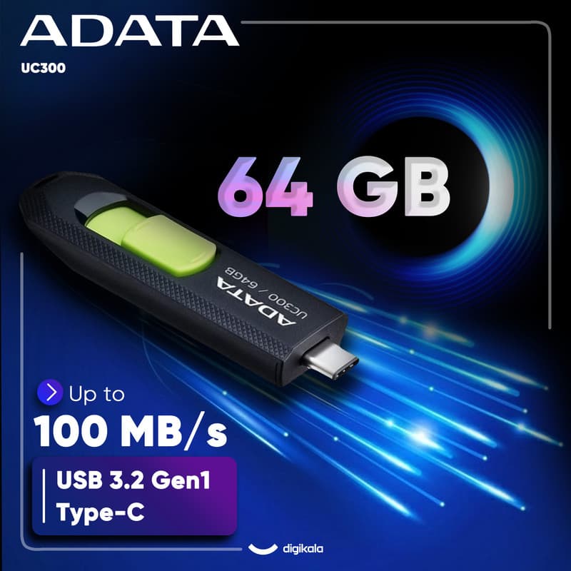فلش مموری کشویی ای دیتا مدل UC300 ظرفیت 64 گیگابایت با رابط USB Type-C و استاندارد USB 3.2 Gen 1، سرعت انتقال داده تا 5 گیگابایت بر ثانیه، سازگار با لپتاپ، گوشی، تبلت و تلویزیون، بدون نیاز به نصب درا — تصویر ۳