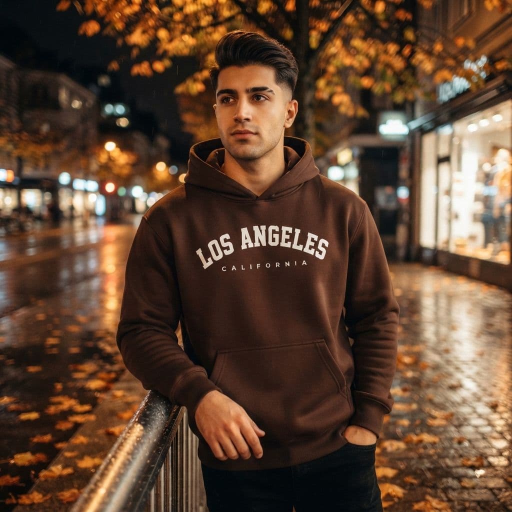 هودی کلاهدار و جیب دار مردانه زنانه مدل Los Angeles-قهوه ای — تصویر ۳