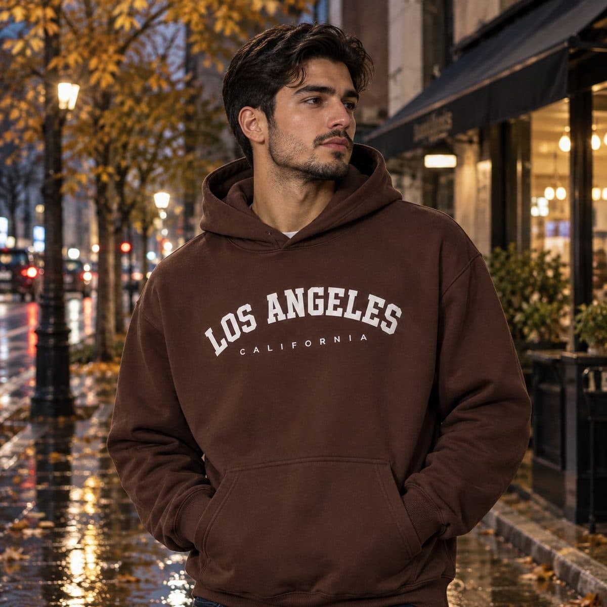 هودی کلاهدار و جیب دار مردانه زنانه مدل Los Angeles-قهوه ای — تصویر ۱۰