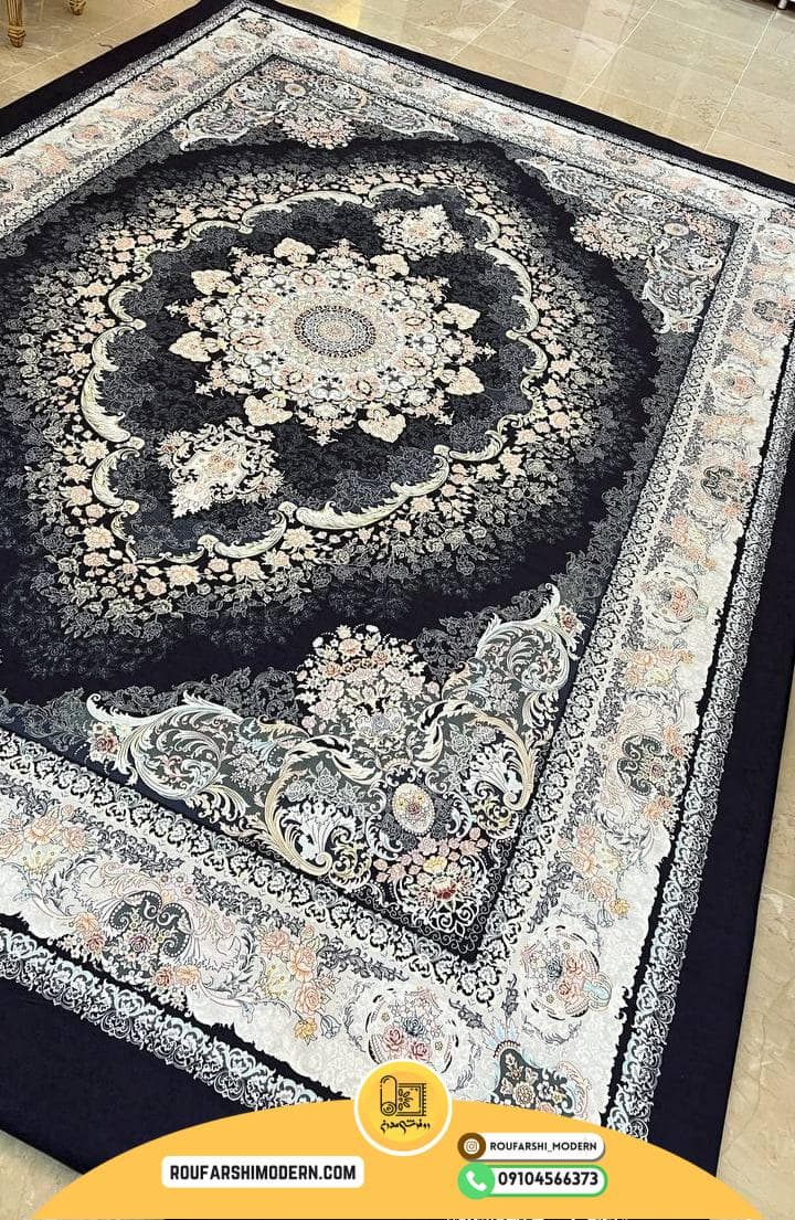 فرشینه / کاور فرش و روفرشی کشدار زمینه سرمه ای طرح فرش کد 1365 — تصویر ۲