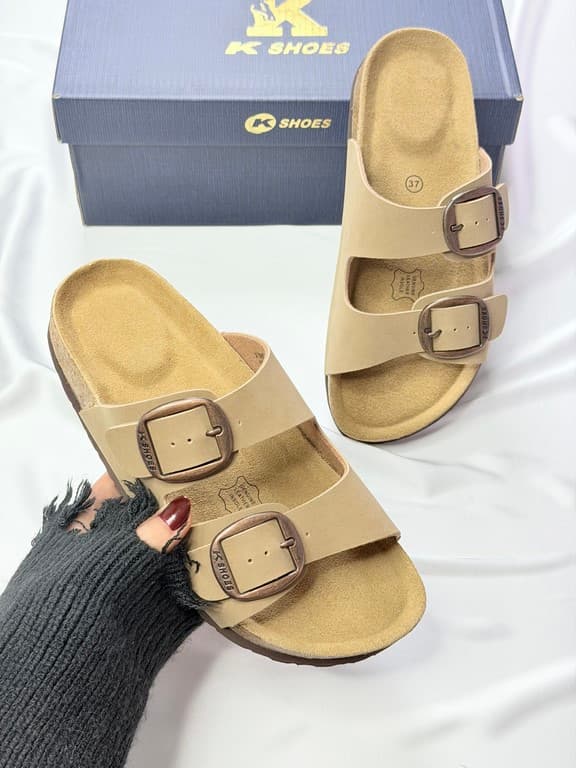 دمپایی دو سگک زنانه خاکی women’s khaki double buckle slippers
