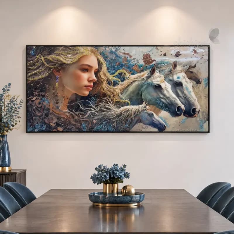 تابلو دکوراتیو تمام رزین برجسته طرح دختر زیبا و اسب ها 150*80