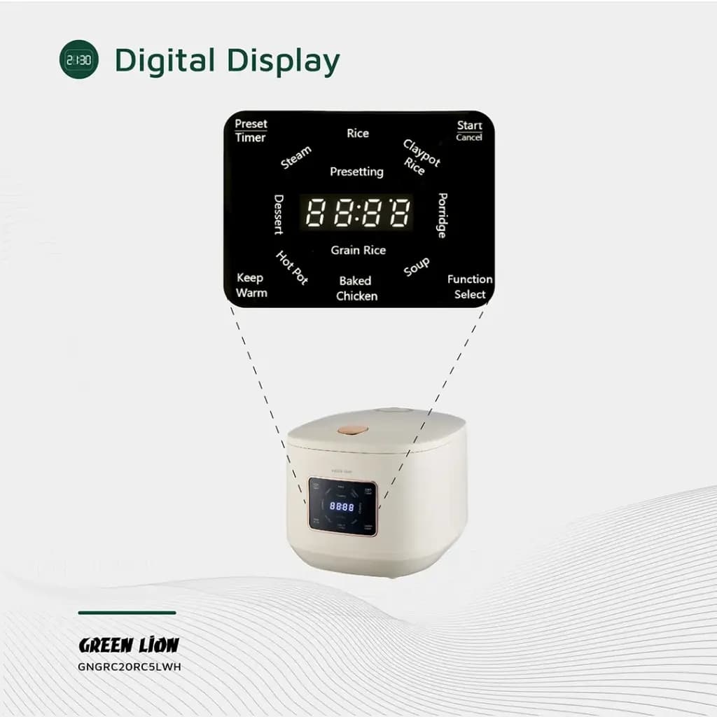 پلوپز دیجیتال ۵ لیتری گرین لاین مدل Green Lion GNGRC20RC5L GRC‑20 Digital Rice Cooker — تصویر ۴