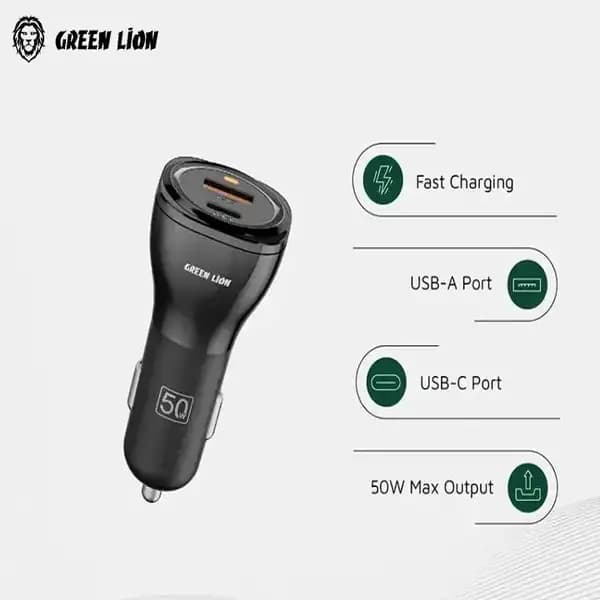 شارژر فندکی 50 وات گرین لاین به همراه کابل مدل Green Lion Dual Port — تصویر ۳