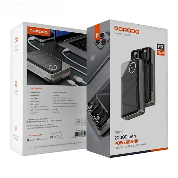 پاوربانک 20000 هزار 22.5 وات پرودو Porodo Built-In Type-C & Lightning PD-PBFCH056 — تصویر ۶