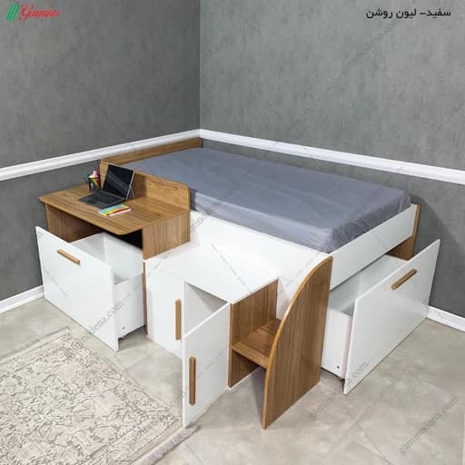 تخت خواب یک نفره کمد دار همراه با میز تحریر F50014 مبلمان فرنا مدل 1143363