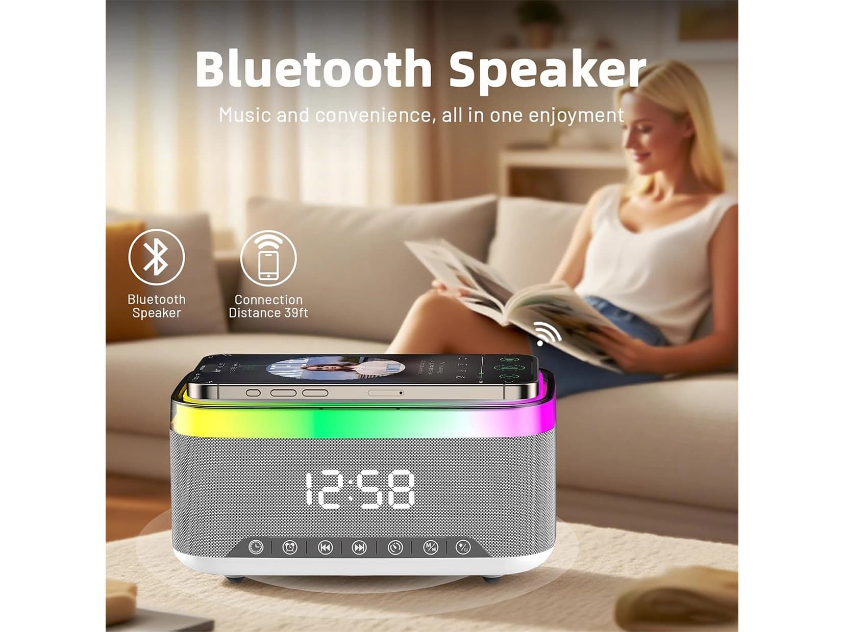 اسپیکر شارژر وایرلس به همراه ساعت دیجیتال کد 300 — تصویر ۶