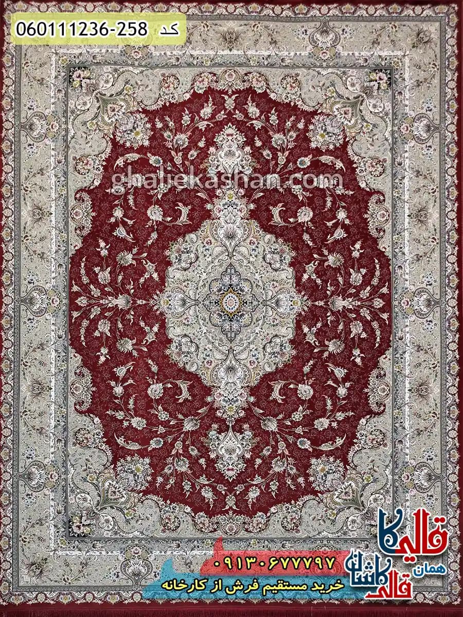 فرش 1200 شانه طرح ویلیام زمینه قرمز لاکی گل برجسته کاشان — تصویر ۲