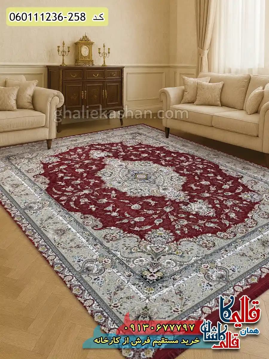 فرش 1200 شانه طرح ویلیام زمینه قرمز لاکی گل برجسته کاشان