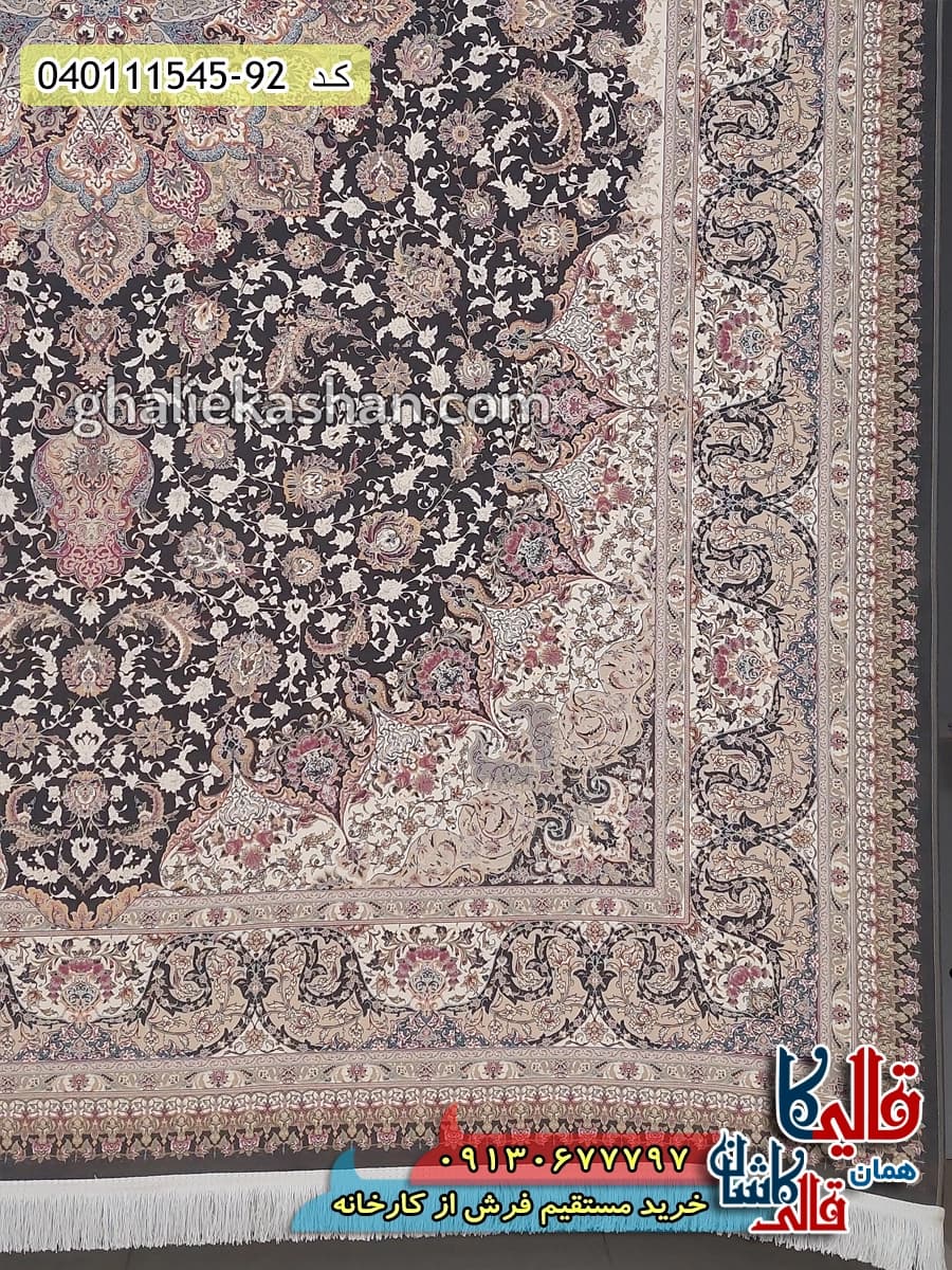 فرش 1500 شانه طرح اصفهان زمینه طوسی دودی گل برجسته کاشان — تصویر ۳