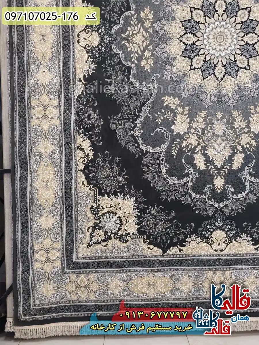 فرش طلاکوب 700 شانه طرح پراسو رنگ طوسی دودی کاشان — تصویر ۳