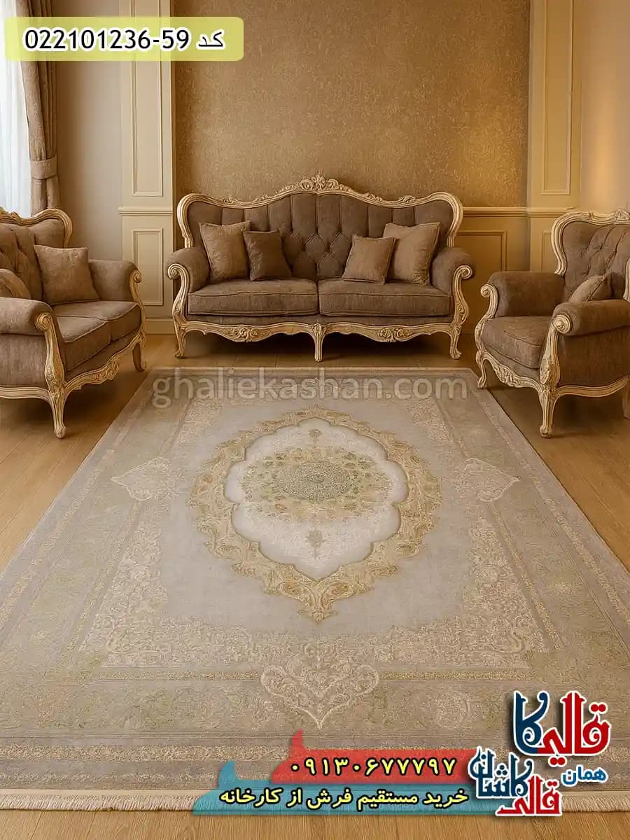 فرش طلاکوب وینتیج 1200 شانه طرح کابان رنگ طوسی گل سبز کاشان