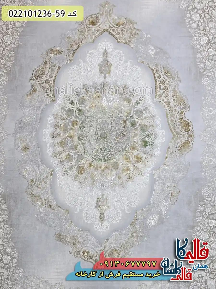 فرش طلاکوب وینتیج 1200 شانه طرح کابان رنگ طوسی گل سبز کاشان — تصویر ۴