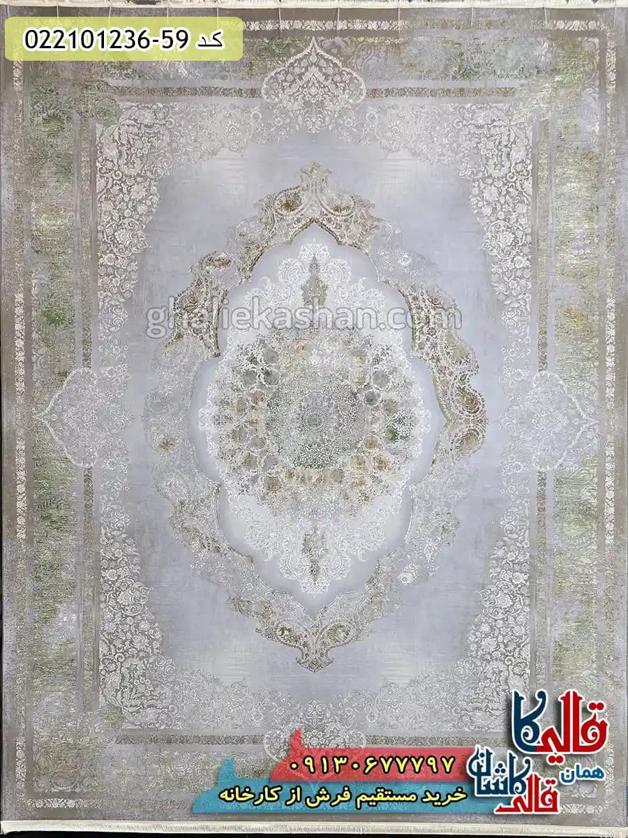 فرش طلاکوب وینتیج 1200 شانه طرح کابان رنگ طوسی گل سبز کاشان — تصویر ۲