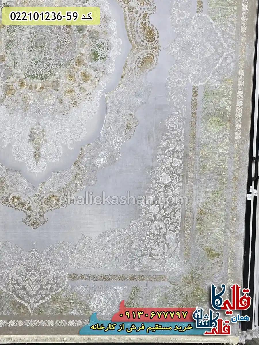فرش طلاکوب وینتیج 1200 شانه طرح کابان رنگ طوسی گل سبز کاشان — تصویر ۳