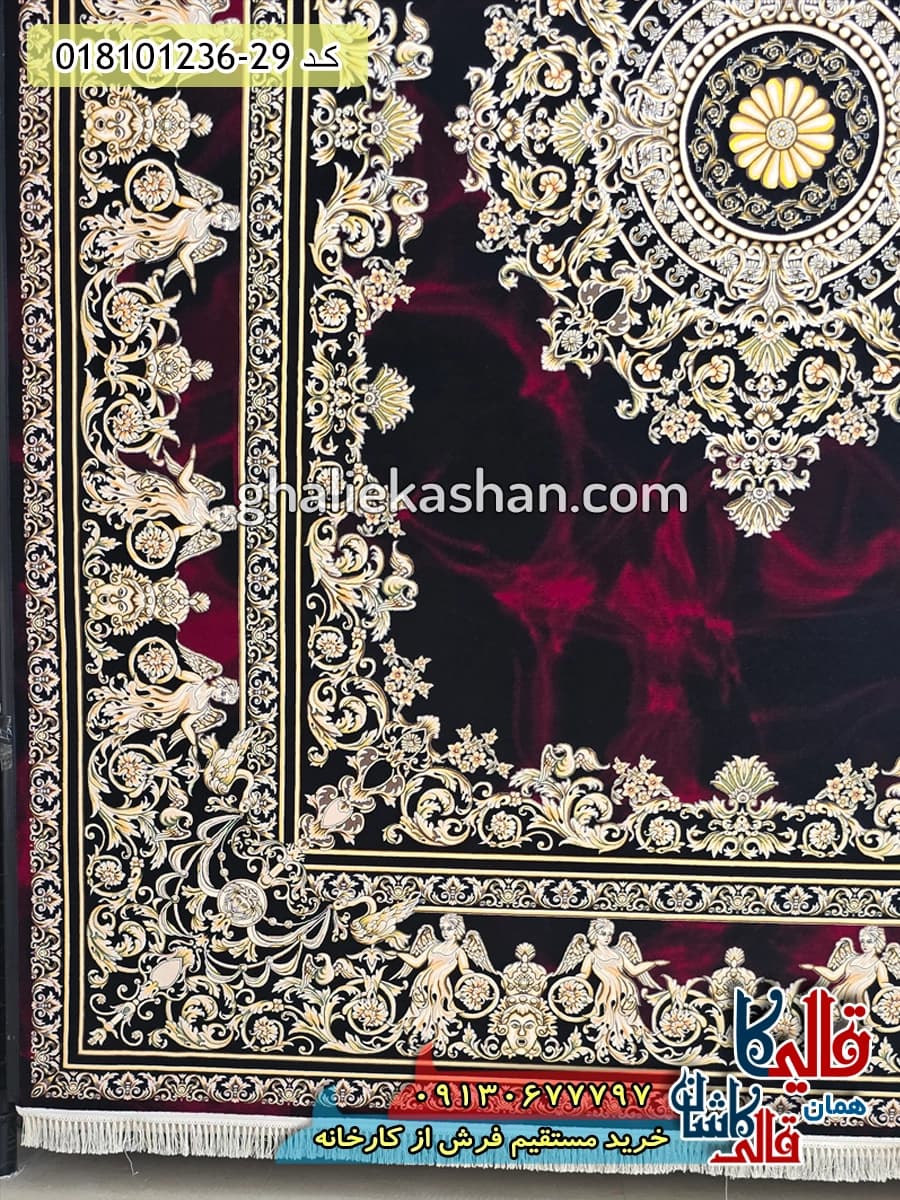 فرش طلاکوب 1200 شانه طرح آتنا ورساچه زمینه قرمز لاکی کاشان — تصویر ۳