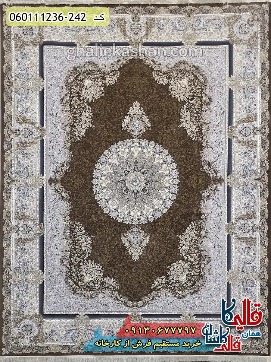 فرش طلاکوب 1200 شانه طرح جزیره زمینه قهوه ای شکلاتی گل برجسته کاشان — تصویر ۲