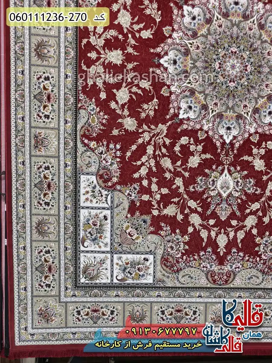 فرش طلاکوب 1200 شانه خشتی طرح وانیار زمینه قرمز لاکی گل برجسته کاشان — تصویر ۳