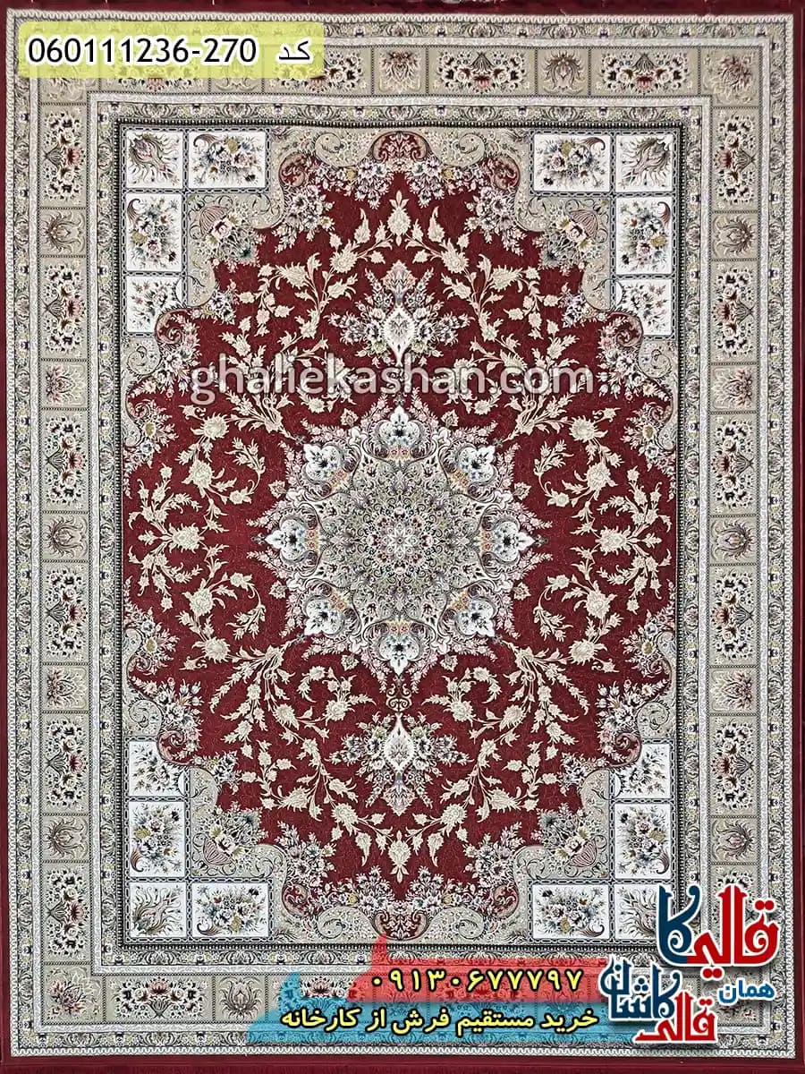 فرش طلاکوب 1200 شانه خشتی طرح وانیار زمینه قرمز لاکی گل برجسته کاشان — تصویر ۲
