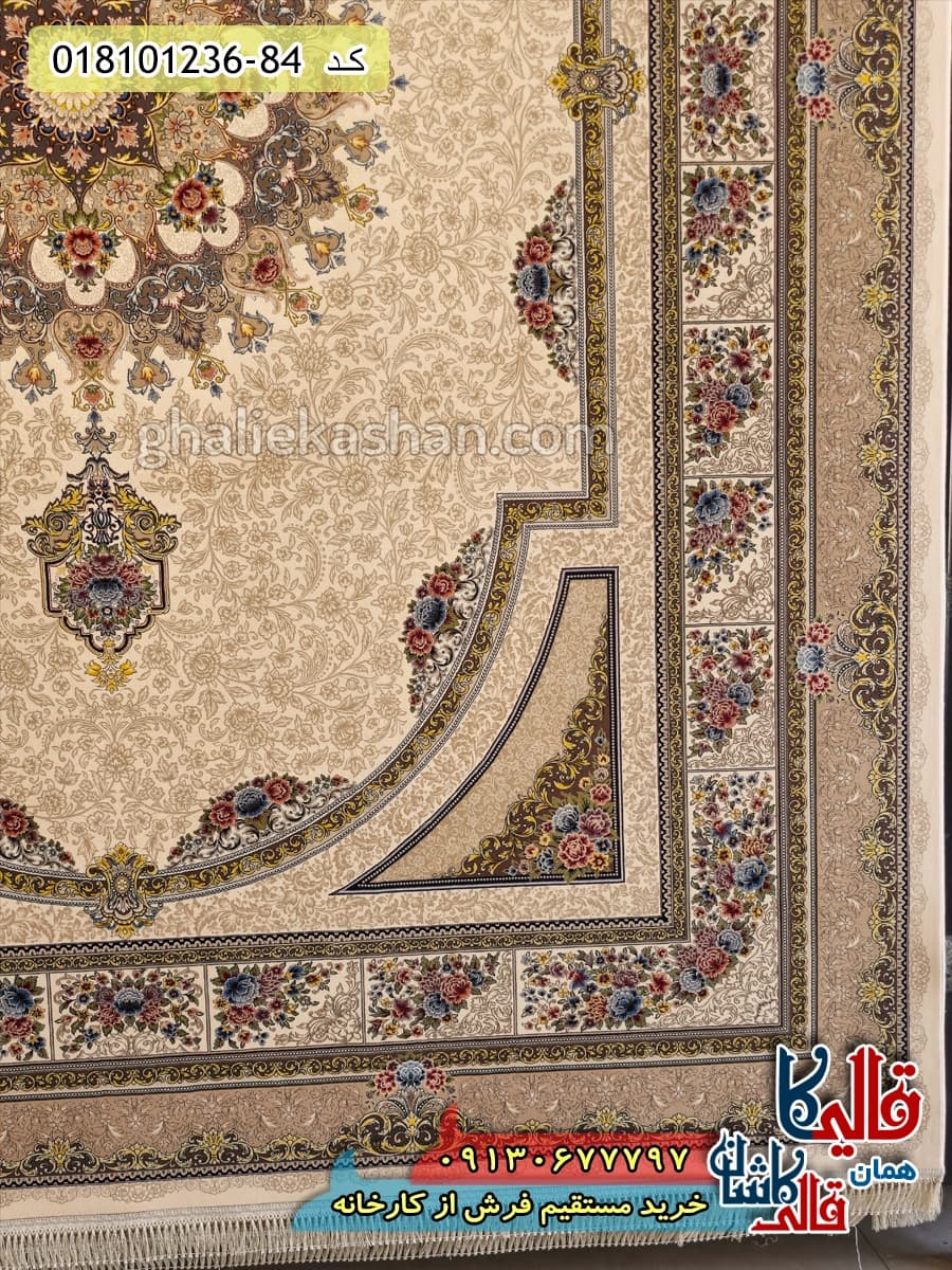 فرش 1200 شانه طرح طاق بستان زمینه کرم کاشان — تصویر ۳
