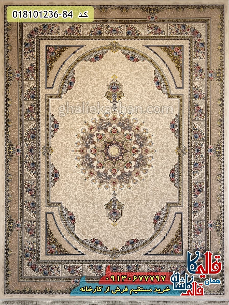 فرش 1200 شانه طرح طاق بستان زمینه کرم کاشان — تصویر ۲